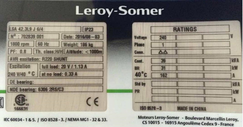 Leroy-Somer alternator nameplate